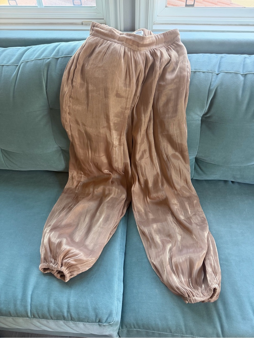 Maeve Shimmery Blush Wide-Leg Gathered-Hem Pants